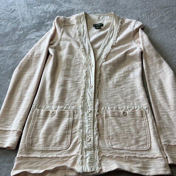 Eddie Bauer Oatmeal Ruffle & Raw Edging Button Down Cardigan Top - Picture 3 of 11